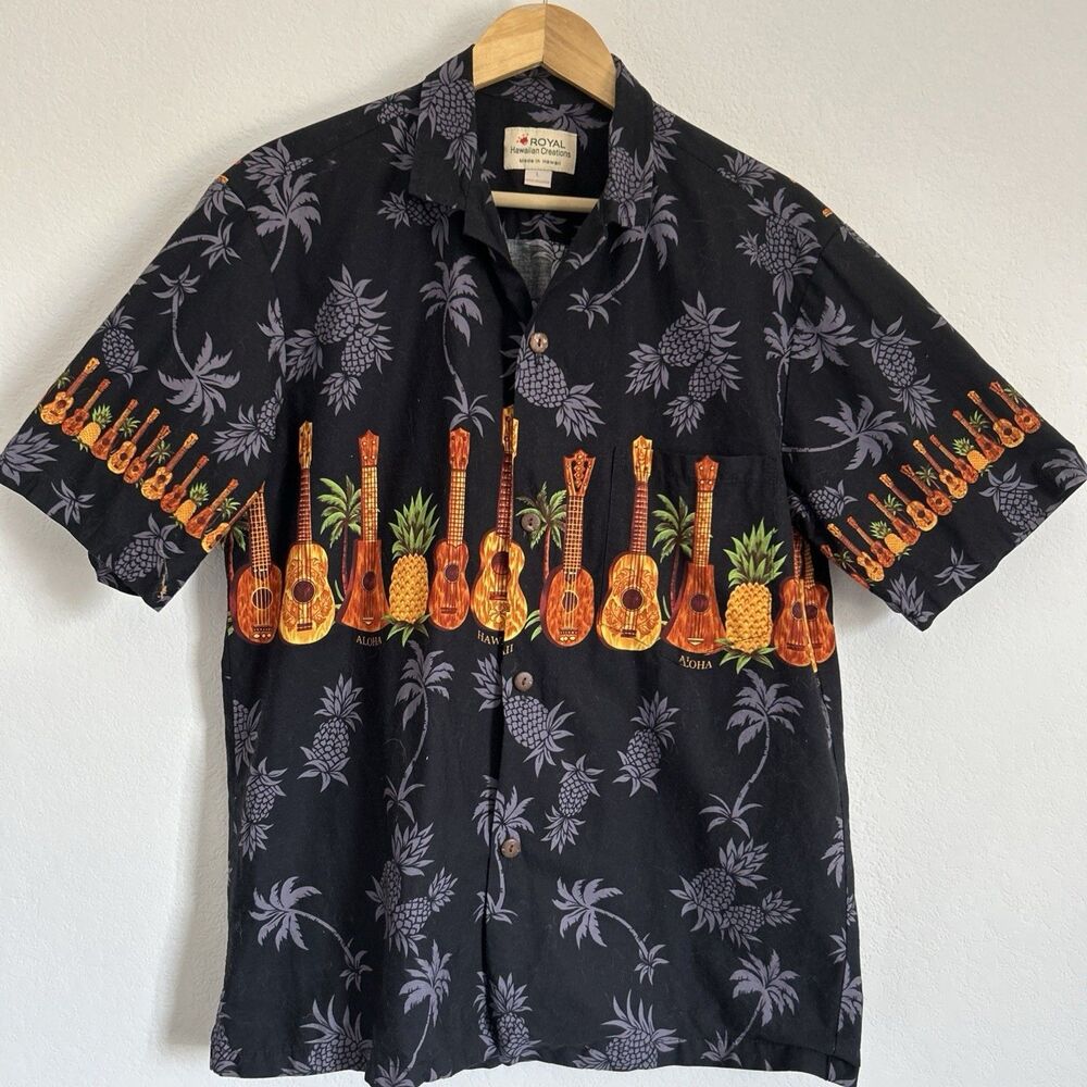 Royal Hawaiian Creations Shirt  Black w Pineapples & Ukuleles Beach Cruise Sz L - Picture 2 of 12